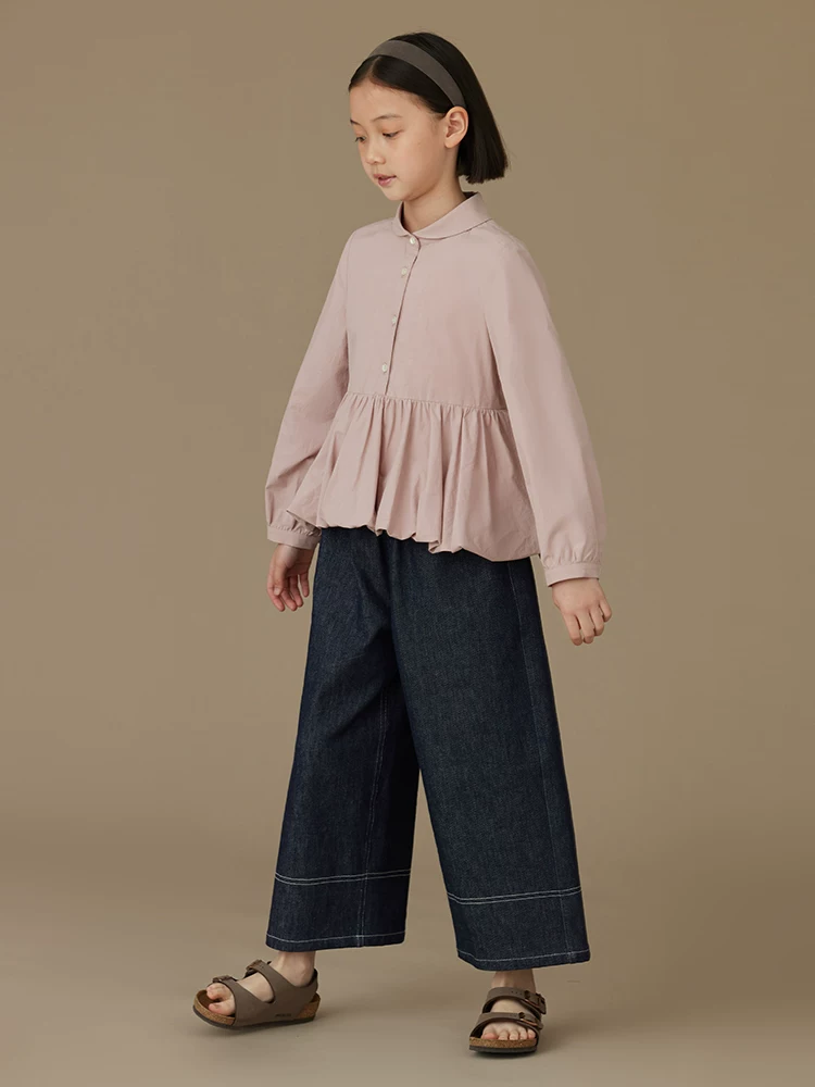 Quần áo trẻ em Hazi Phong cách xuân thu Áo sơ mi trẻ em màu hồng sữa Áo sơ mi búp bê ngọt ngào bằng cotton nguyên chất Áo sơ mi dài tay cổ bẻ cho bé gái