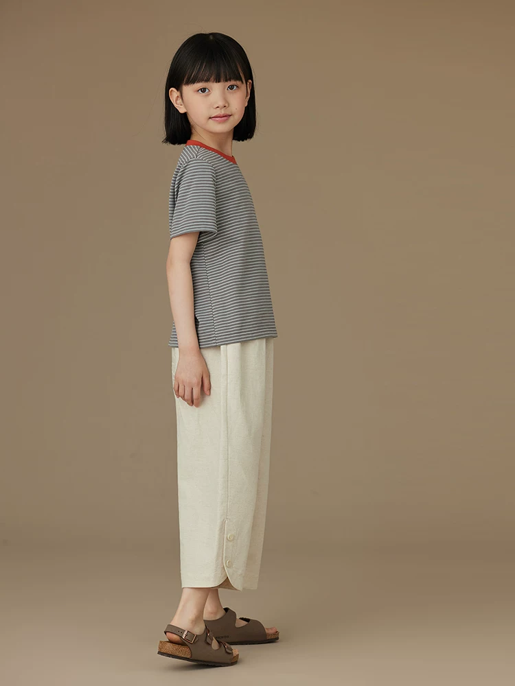 Quần áo trẻ em mùa xuân hè vải lanh cotton dáng rộng thẳng quần âu bé trai bé gái quần lửng cho trẻ lớn mùa thu