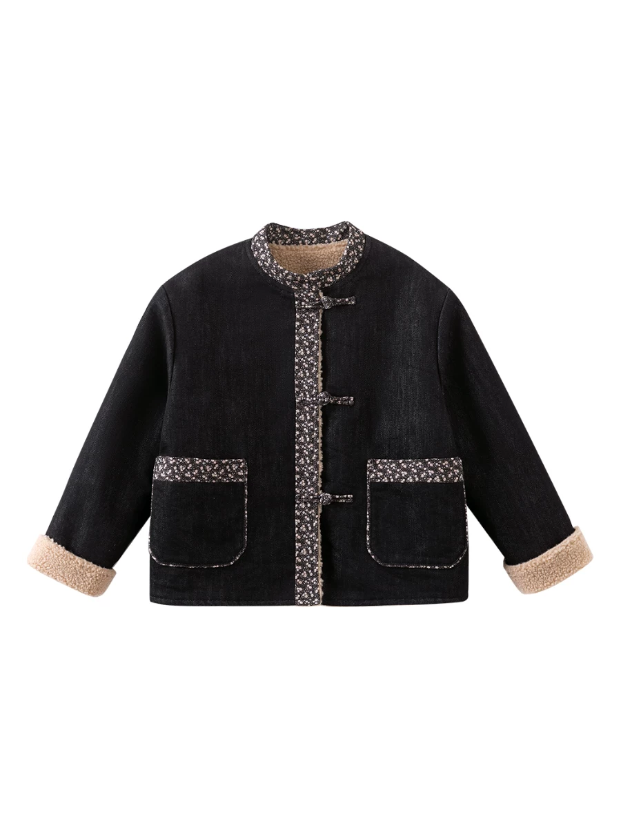 Áo khoác len giả lông cừu mùa đông cho bé gái, áo khoác denim phong cách Trung Quốc mới, trang phục mùa đông cho bé gái, 25 kiểu mới