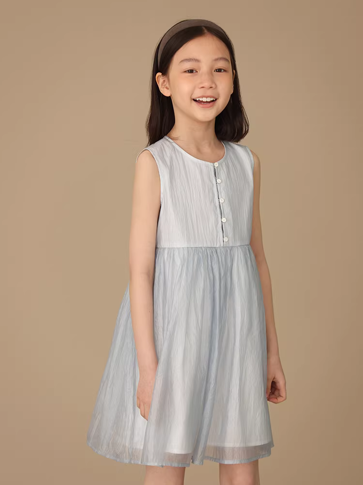 Quần áo trẻ em màu xanh da trời thơm mây nhăn ngọc trai chảy mượt váy cổ tích cha mẹ và con váy công chúa trẻ em váy mùa hè cho bé gái