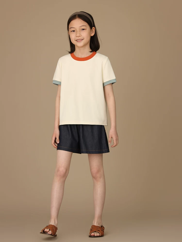 Quần áo trẻ em cotton thân thiện với da màu khối màu ngắn tay áo thun cổ tròn cổ điển dành cho cha mẹ và con cái dành cho bé trai và bé gái mùa hè