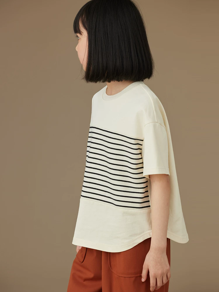 Quần áo trẻ em áo thun ngắn tay sọc cotton màu trắng nhạt cho bé trai và bé gái Áo thun đa năng thân thiện với da dành cho trẻ lớn mùa hè