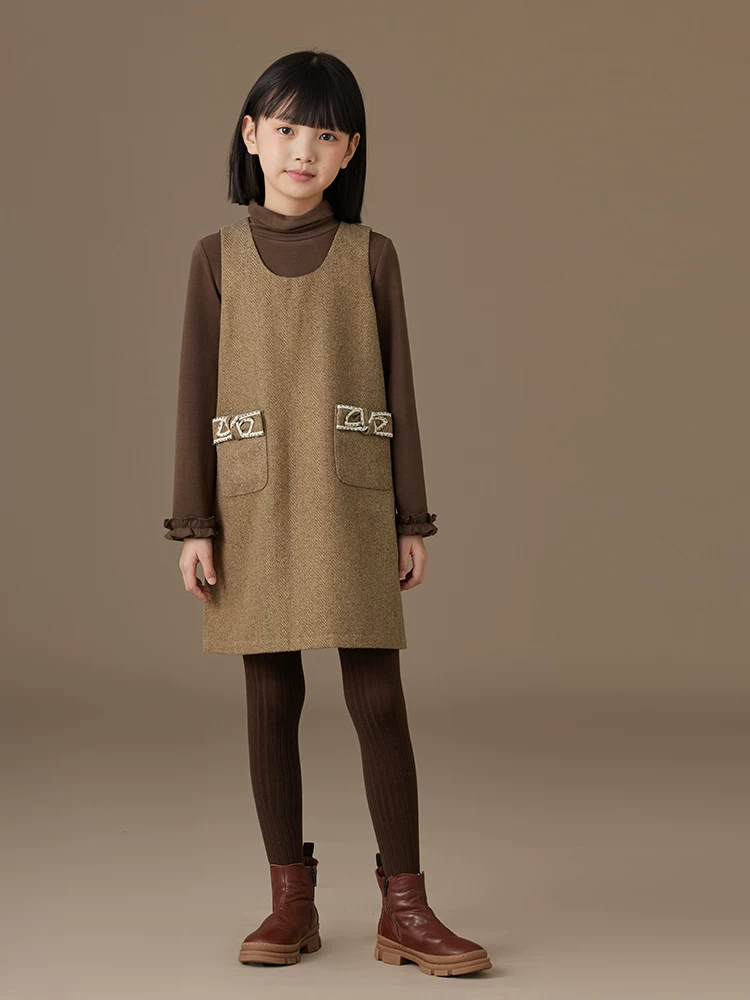Hazi Quần Áo Trẻ Em Mùa Thu Đông Áo Vest Trẻ Em Đầm Retro Thiết Kế Màu Kaki Đầm Không Tay Nữ Thu Đông Phong Cách Mới