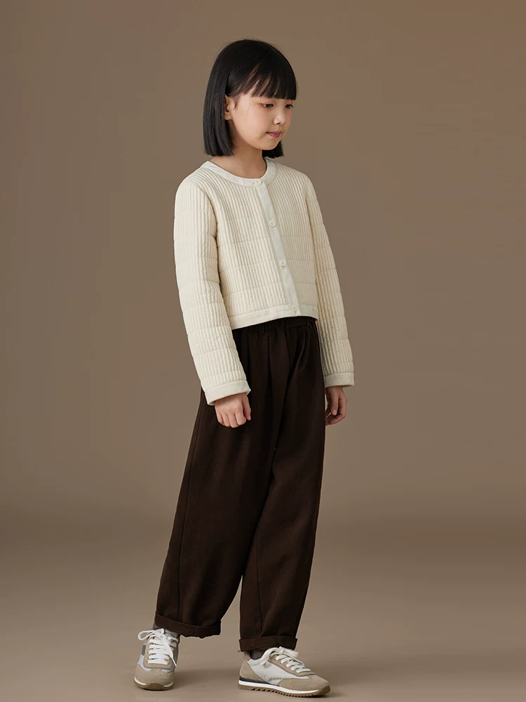 Quần áo trẻ em cho mùa thu đông, áo khoác độn bông, áo sọc đơn giản, áo khoác cotton màu mơ cho bé gái lớn hơn.