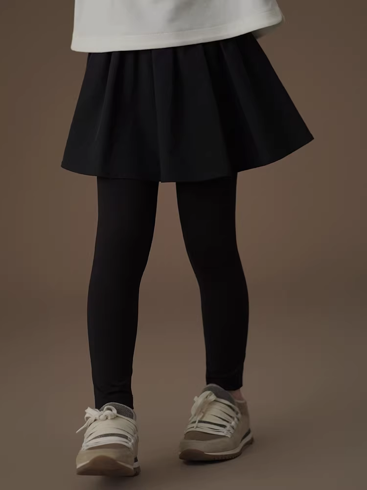 Quần thường ngày màu đen cho trẻ em mùa xuân thu, quần legging giả hai mảnh cho bé gái, quần thể thao bó sát cỡ vừa và lớn cho trẻ em.