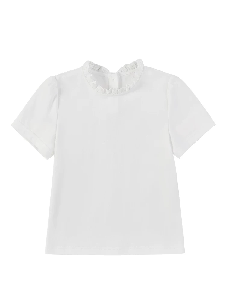 Quần áo trẻ em Ha Chi Áo thun ngắn tay mùa hè cho bé gái Áo thun cổ ren trắng Áo trẻ em chất liệu cotton cao cấp Quần áo mùa hè cho bé gái
