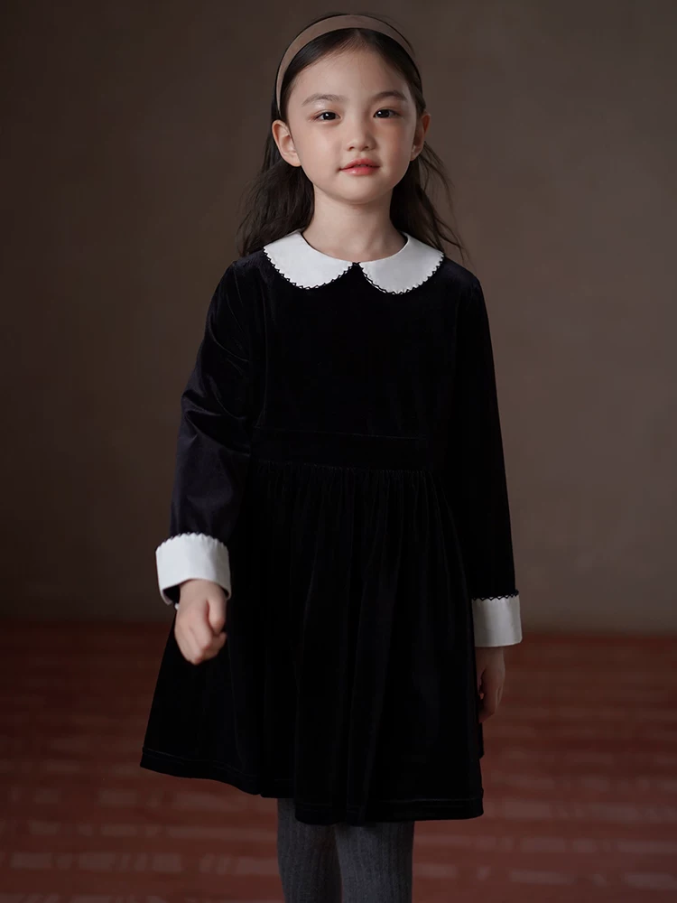 Quần áo trẻ em mùa thu đông váy trẻ em màu đen trắng tương phản phong cách preppy váy dài vừa phải váy nhung bé gái váy bé gái