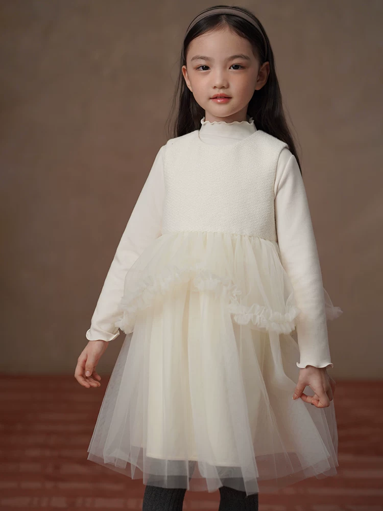 Quần áo trẻ em mùa thu đông váy trẻ em váy voan phối màu be váy công chúa phong cách Chanel nhỏ bé váy sinh nhật bé gái