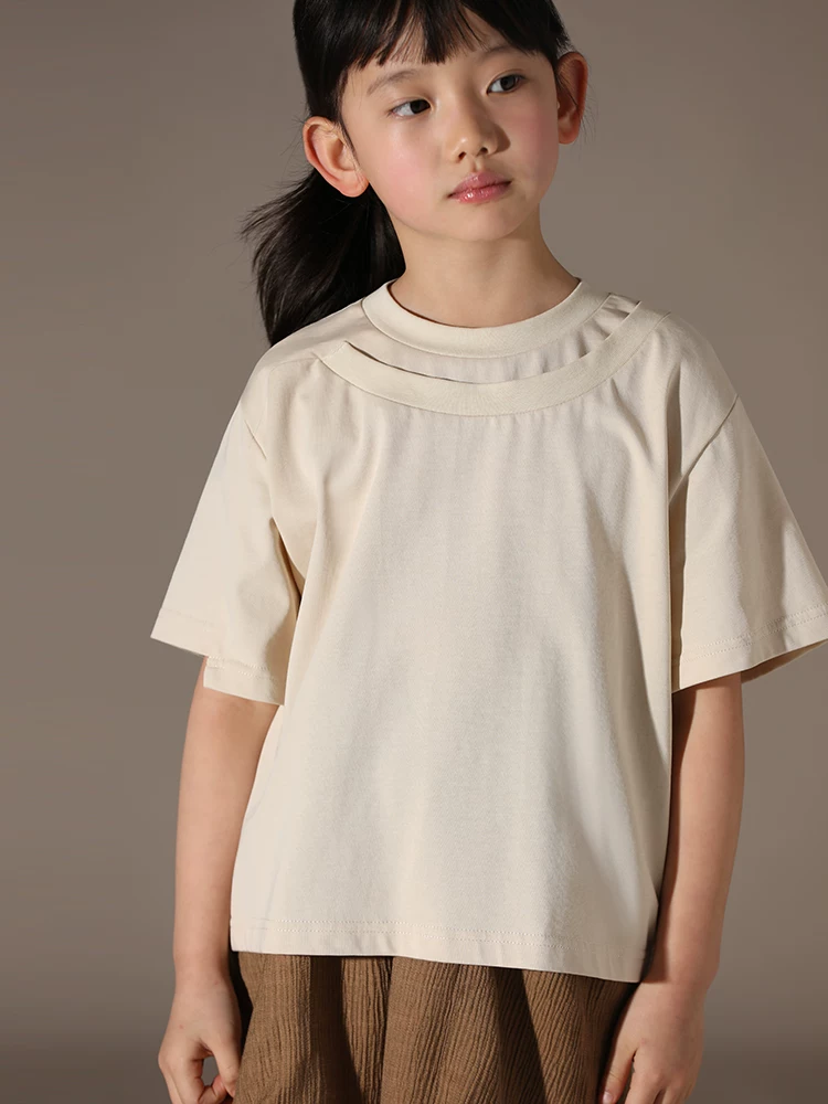 Quần áo trẻ em Hazi dành cho trẻ lớn hơn, áo thun ngắn tay bằng cotton nguyên chất mùa hè, áo mùa hè cổ tròn giả hai mảnh đa năng hợp thời trang dành cho bé gái.