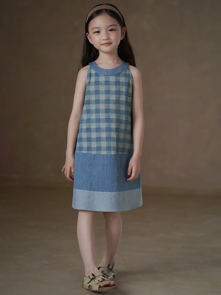 Quần áo trẻ em Hazi Váy ba lỗ mùa hè cho trẻ em Váy kẻ sọc cotton Váy denim cho bé gái Váy dài vừa cổ điển cho bé gái