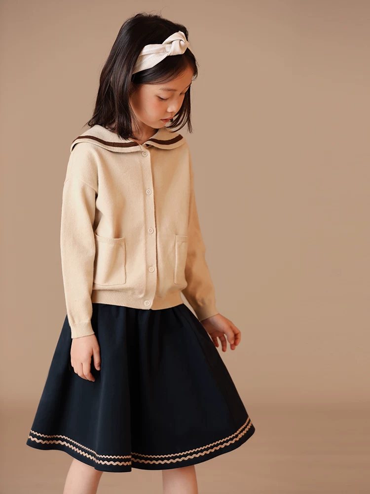 Áo khoác cardigan len cotton phối màu cổ thủy thủ phong cách preppy cho bé gái mùa xuân thu