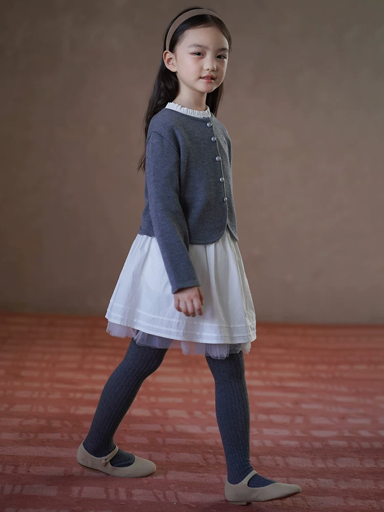 Quần áo trẻ em xuân thu Váy chữ A ngọt ngào và nghệ thuật Váy lưới nửa thân cho bé gái lớn hơn Phong cách mùa thu mới