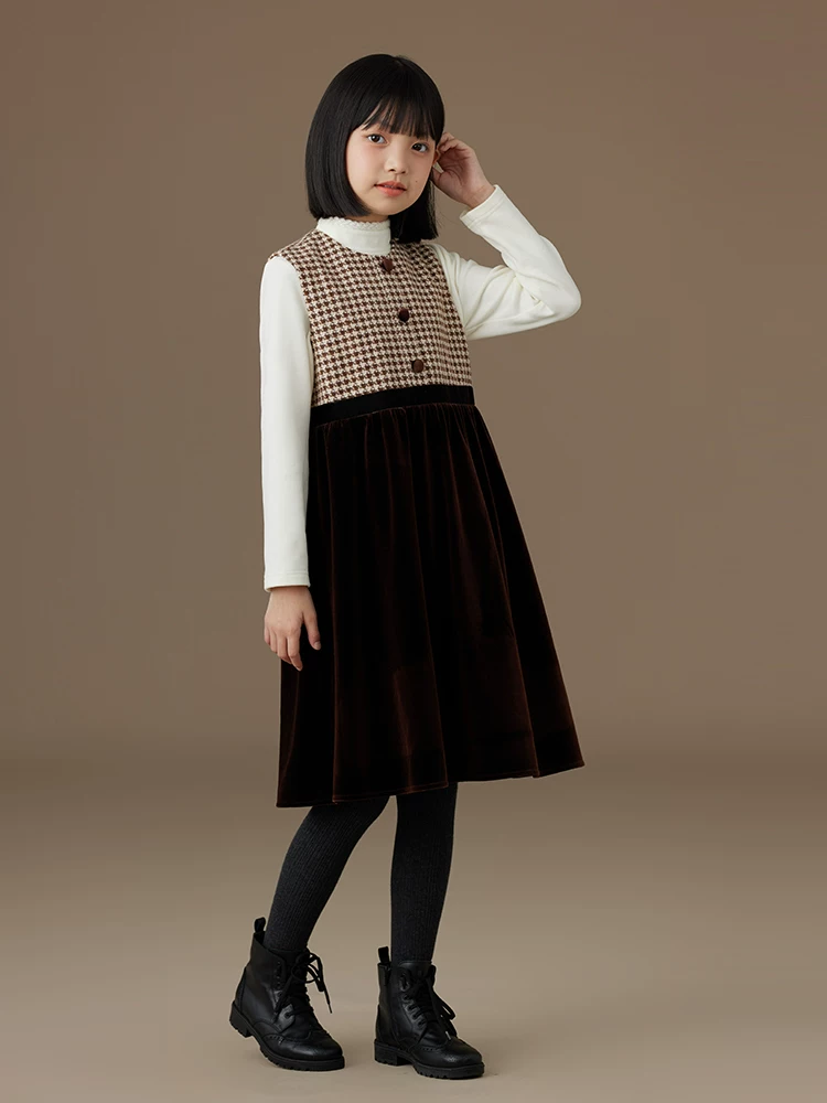 Quần áo trẻ em Hazi Váy trẻ em mùa thu đông Váy nhung cổ điển Houndstooth Váy chắp vá Quần áo mùa đông cho bé gái Phong cách mới