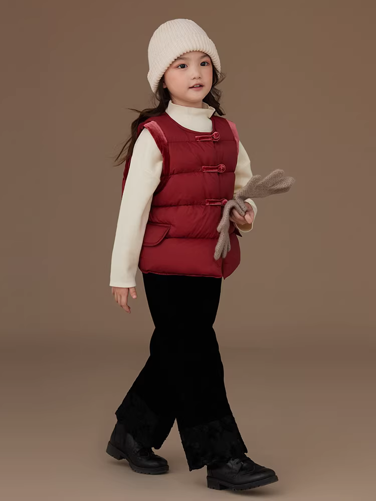 Áo khoác phao dày dặn ấm áp màu đỏ kiểu Trung Quốc mới dành cho bé gái, thời trang mùa đông 2024 mẫu mới