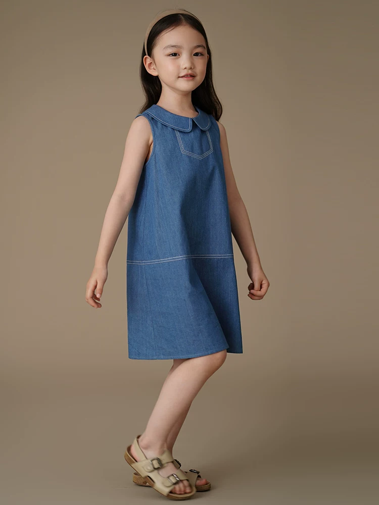 Quần áo trẻ em Hazi Mùa hè 2025 Váy trẻ em mới Váy denim bé gái Váy kiểu cổ búp bê phong cách retro thường ngày