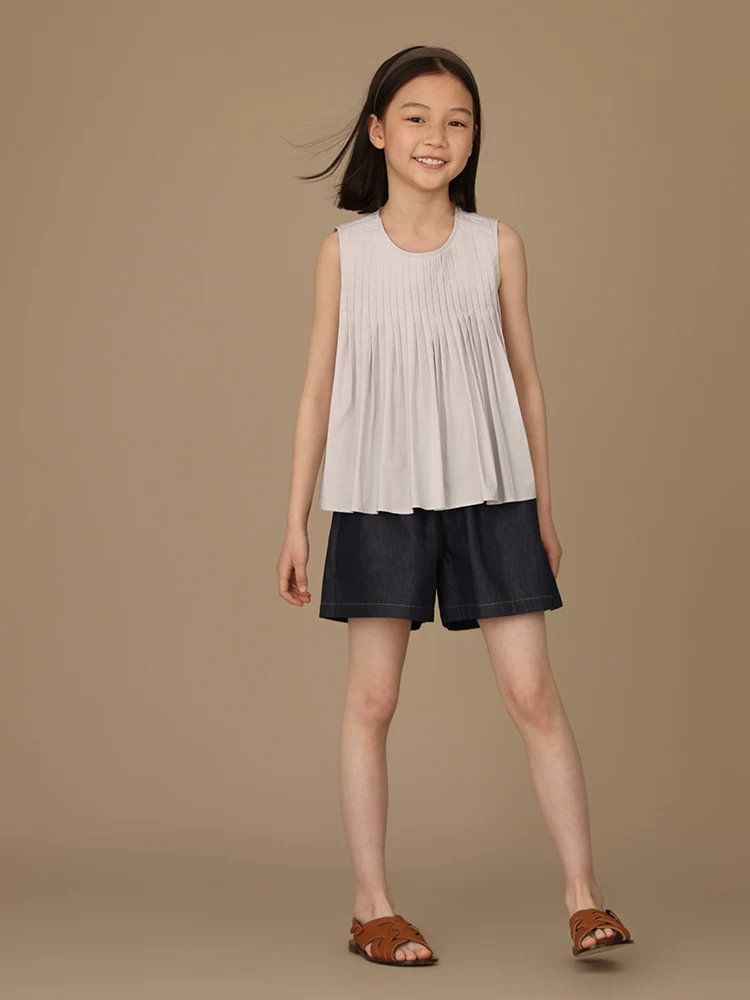 Quần short denim mỏng mùa hè cho bé gái, quần ống rộng đa năng dài vừa phải bằng cotton nguyên chất cho bé gái lớn hơn, quần năm điểm.