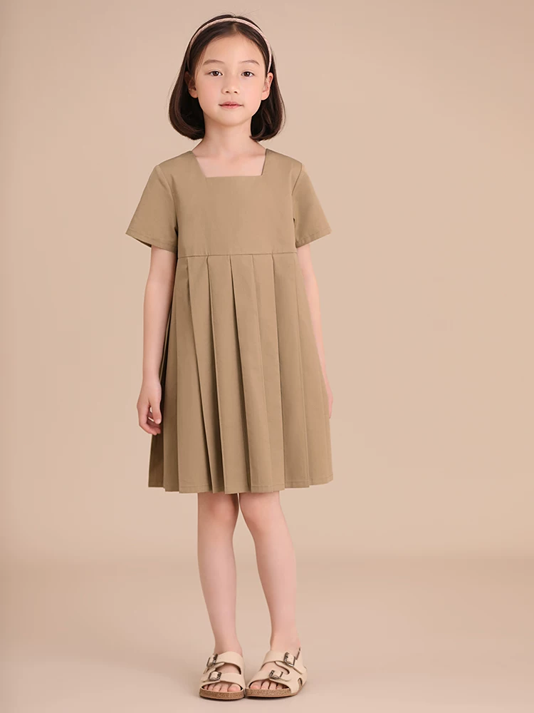 Quần áo trẻ em Ha Chi Bộ sưu tập mới Xuân/Hè Phong cách cha mẹ và con gái Cotton nguyên chất Thiết kế tinh tế Váy xếp ly tay ngắn cổ vuông thanh lịch