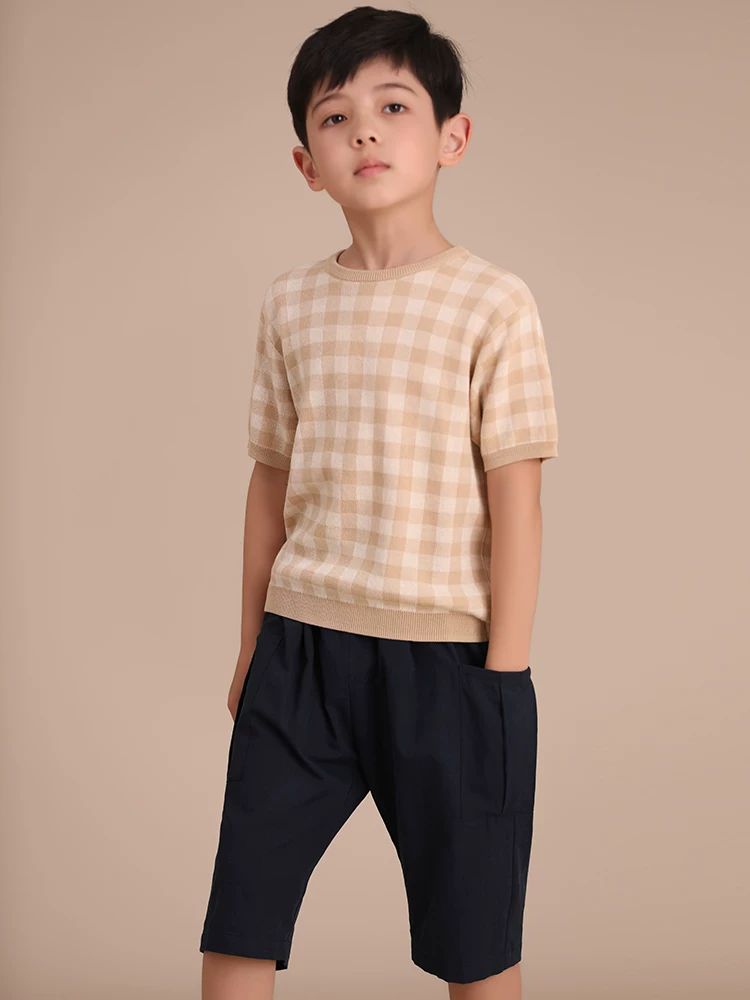 Áo dệt kim mùa hè ngắn tay kẻ sọc dành cho trẻ em, áo thun cổ tròn bằng cotton thân thiện với da dành cho bé trai và bé gái.