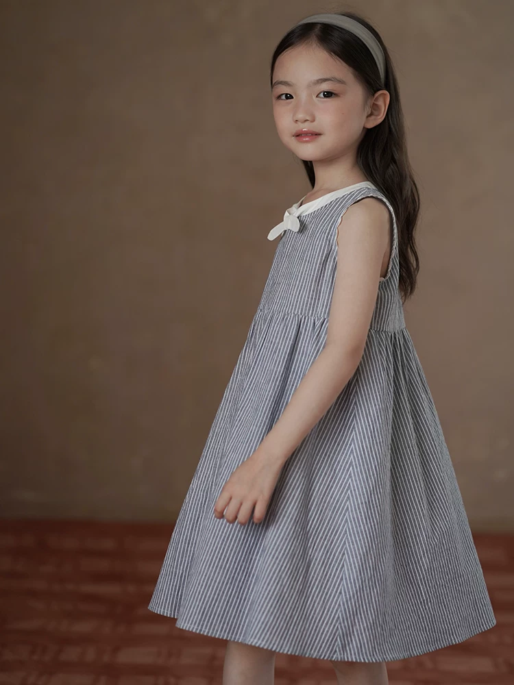 Váy trẻ em mỏng mùa hè, váy cotton dài vừa thân thiện với làn da, váy hai dây sọc cho bé gái lớn hơn.