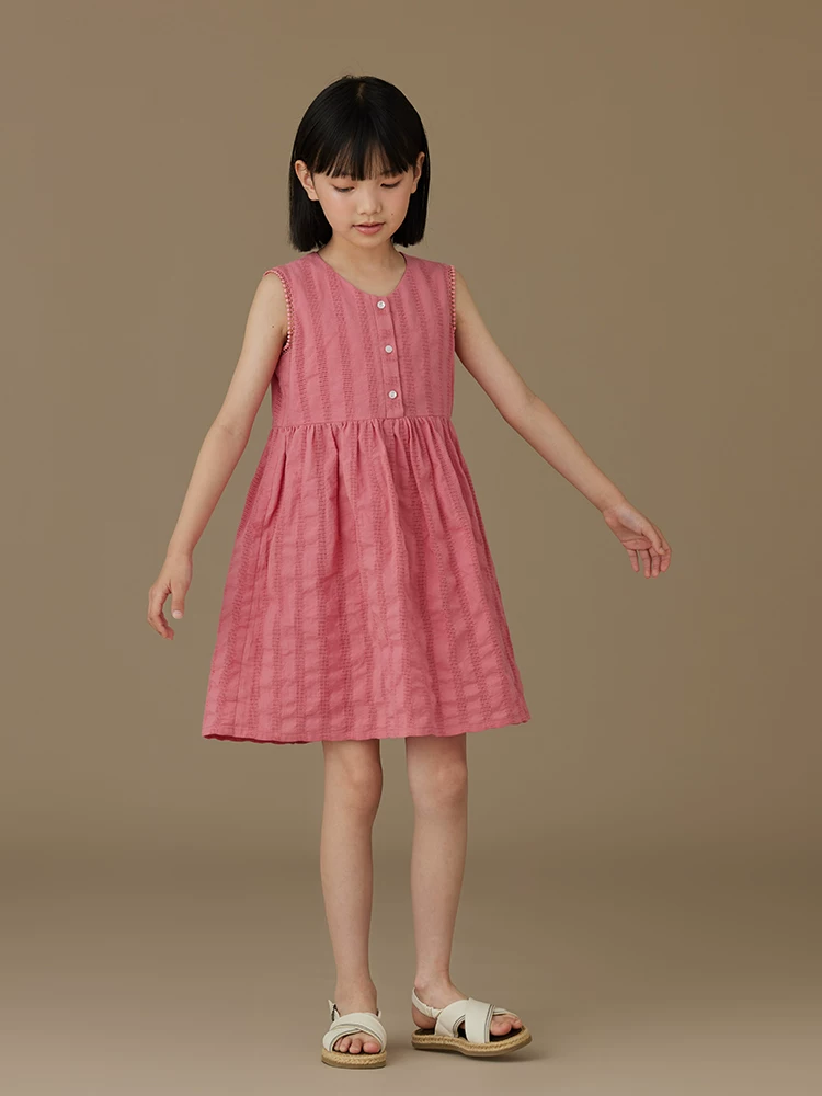 Quần áo trẻ em, váy vest màu đỏ hồng cho bé gái, váy không tay chất liệu cotton cho bé gái, kiểu dáng thời trang cho trẻ lớn.