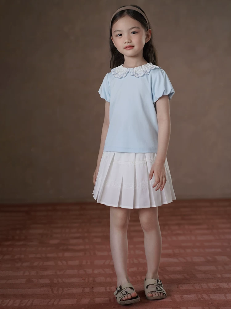 Quần áo trẻ em mùa hè ngọt ngào ren áo thun ngắn tay bé gái áo dệt kim áo sơ mi cho bé 25 mùa hè phong cách mới