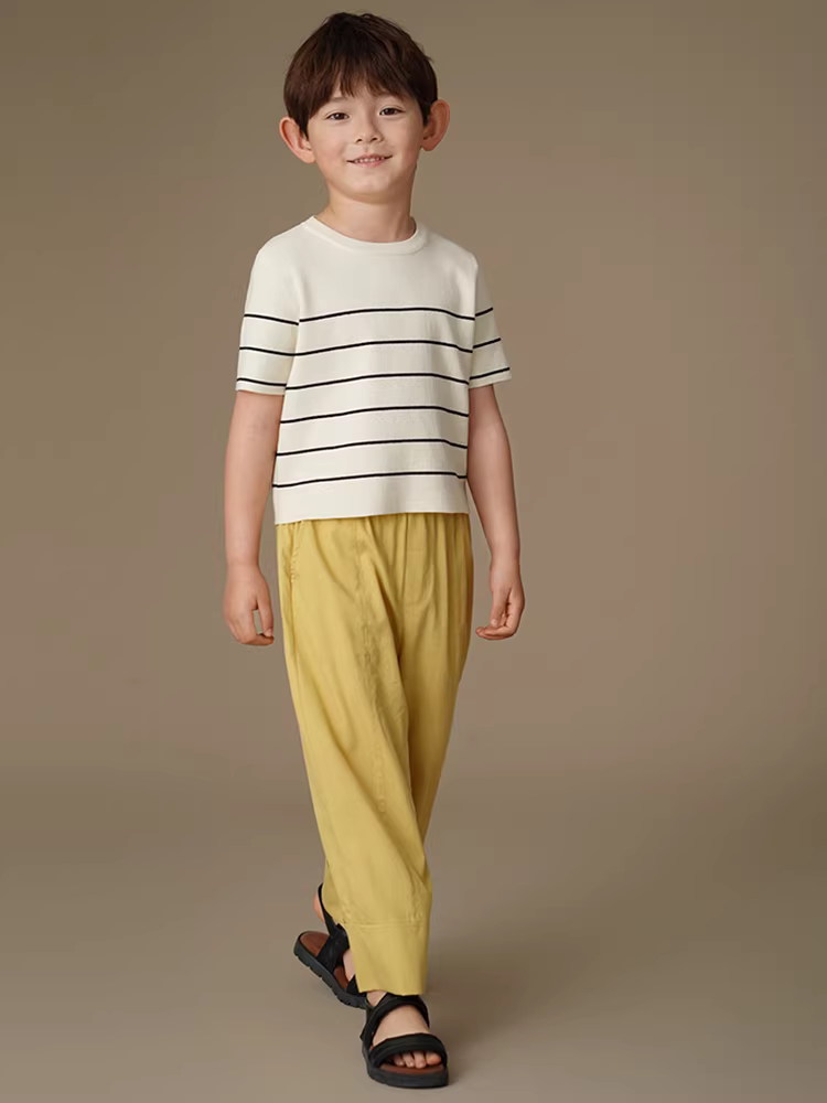 Quần áo trẻ em mặc mùa hè đơn giản giản dị sọc dệt kim hàng đầu bé trai bé gái áo thun ngắn tay cơ bản mùa xuân và mùa thu