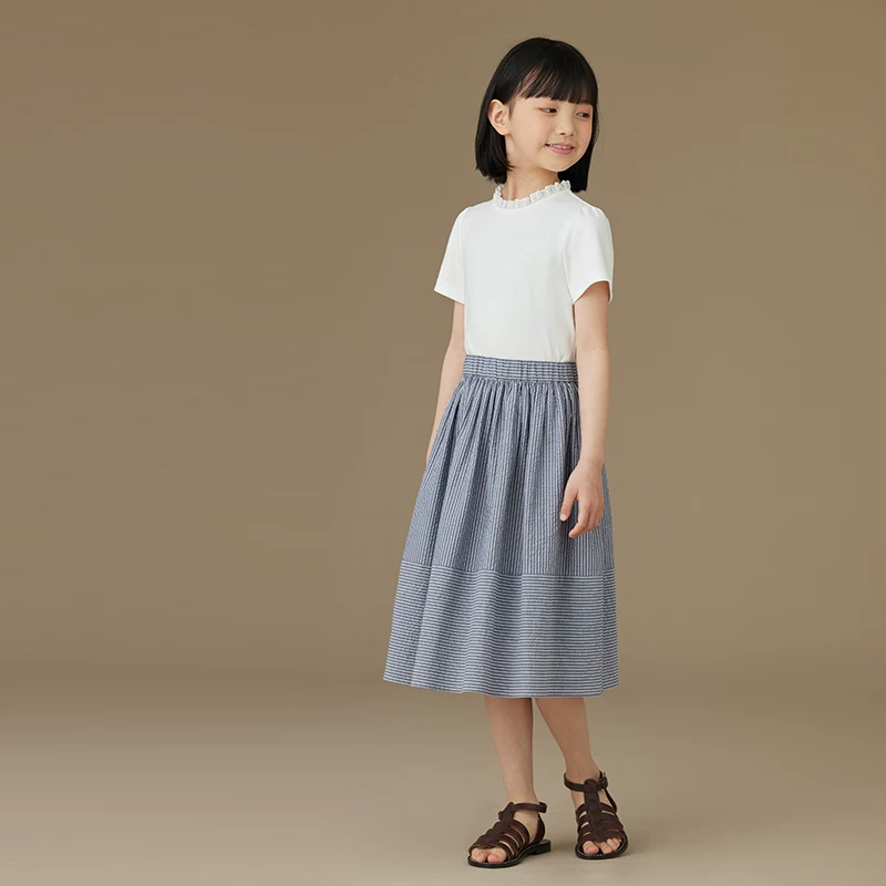 Bộ quần áo mùa hè cho trẻ em: áo sơ mi và váy sọc cotton thoáng khí cho bé gái, trang phục mùa hè hai mảnh cho bé gái lớn hơn.