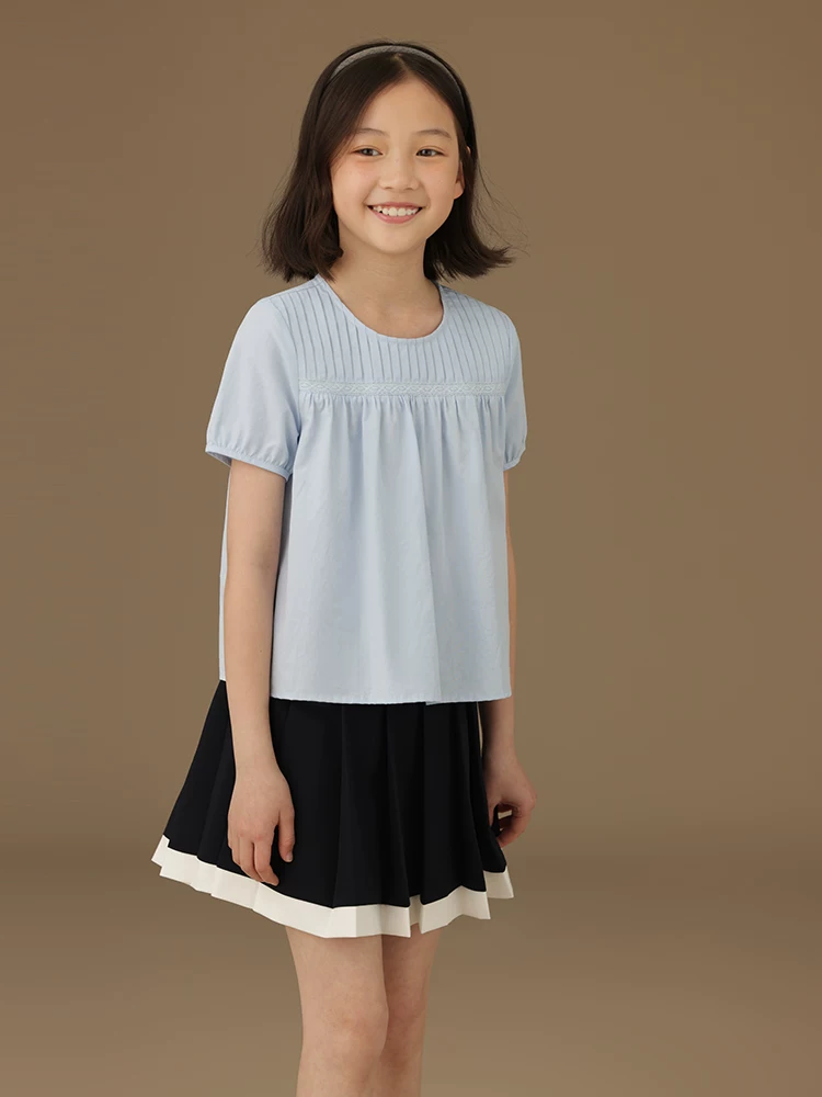 Hazi Quần Áo Trẻ Em Xanh Nhạt Cho Bé Top Mỏng Dễ Thương Tay Phồng Áo Sơ Mi Trẻ Em Nữ Tay Ngắn Áo Sơ Mi Búp Bê Mùa Hè
