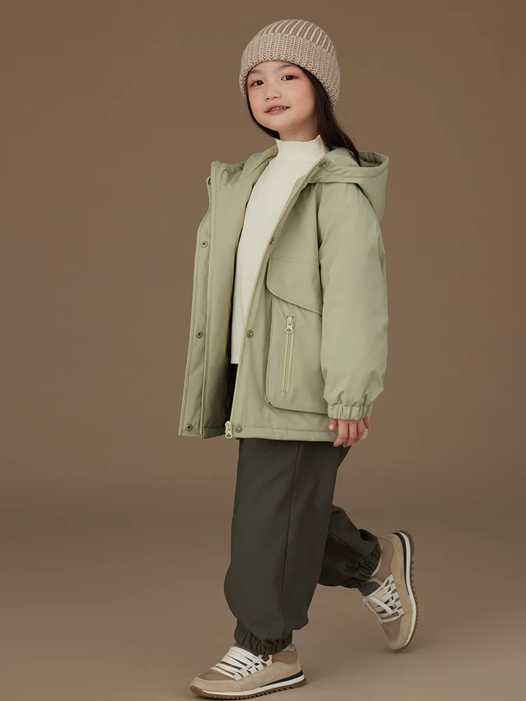 Quần áo cotton trẻ em, dày dặn và ấm áp, áo khoác có mũ đơn giản và cao cấp cho bé trai và bé gái, áo gió ba lớp.