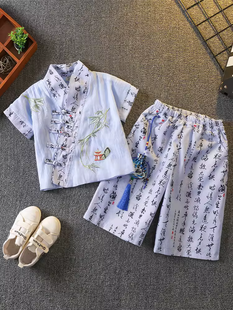 Trang phục mùa hè Hanfu cho bé trai Phong cách Trung Hoa Phong cách cổ xưa Bộ đồ mùa hè cho trẻ em Bộ đồ Tang Suit cho bé Quần áo trẻ em phong cách Trung Quốc mới Quần áo bé trai