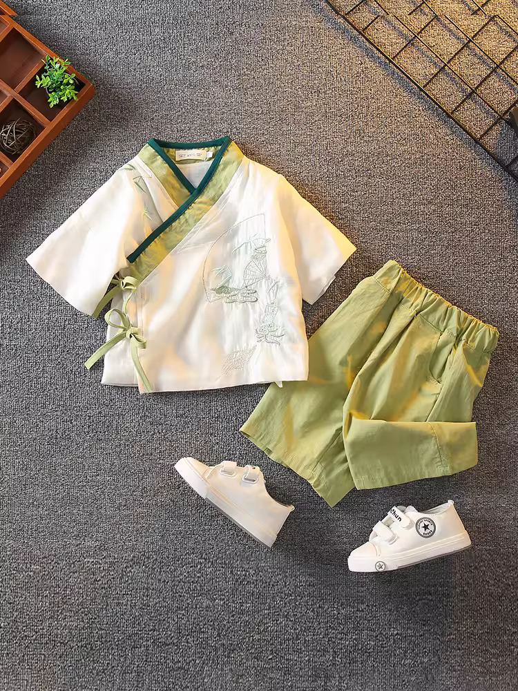 Quần áo mùa hè cho bé trai Hanfu Trang phục sinh nhật đầu tiên theo phong cách Trung Hoa Trang phục truyền thống cho bé Bộ đồ bằng vải cotton và vải lanh Bộ đồ trẻ em Tang Suit Trang phục biểu diễn Ngày thiếu nhi