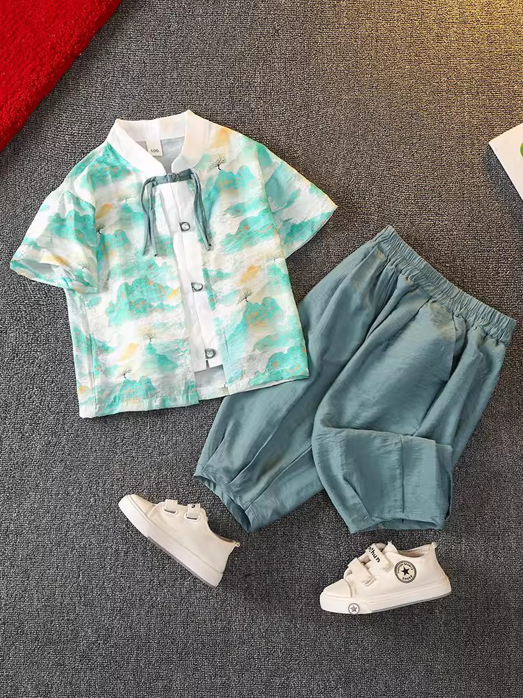 Trang phục truyền thống mùa hè của bé trai Hanfu trang phục truyền thống mùa hè kiểu Trung Quốc mới dành cho trẻ em kiểu Trung Quốc mới tay ngắn đẹp trai của cậu bé trong lễ Tết Trung thu Trang phục truyền thống Trung Quốc kiểu Đường