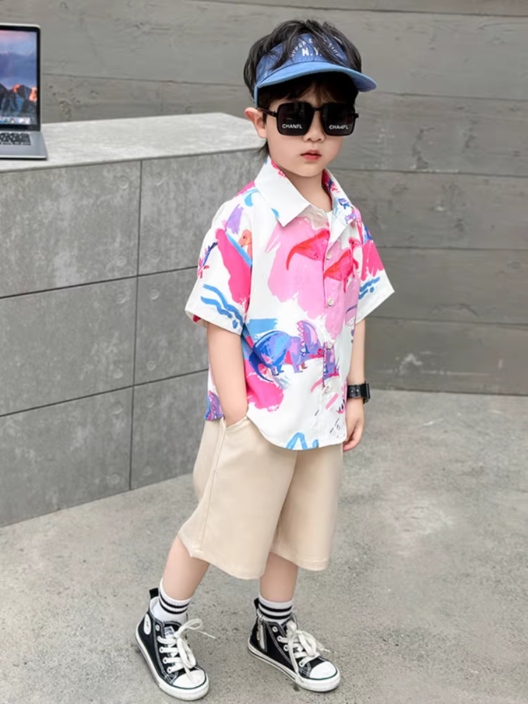 Bộ quần áo hè bé trai 2025 kiểu dáng mới thời trang, bộ đồ hè mỏng tay ngắn cho bé trai, áo sơ mi hai mảnh hợp thời trang