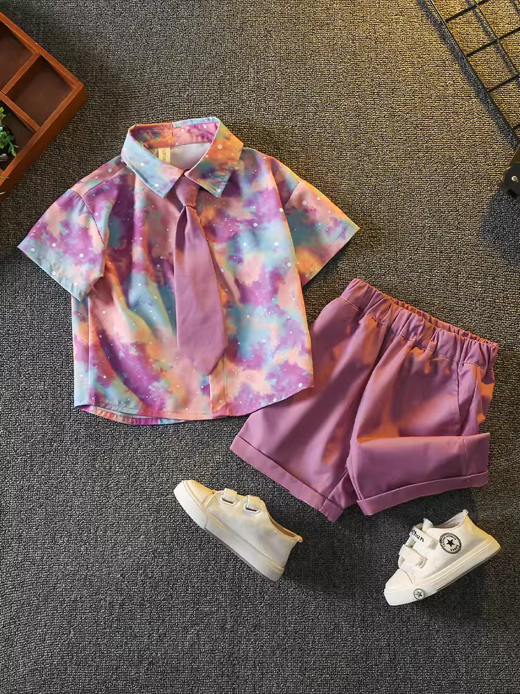 Bộ áo sơ mi hè bé trai 2025 kiểu dáng mới thời trang, áo sơ mi cà vạt màu tím mát mẻ cho bé, quần áo hè cho bé