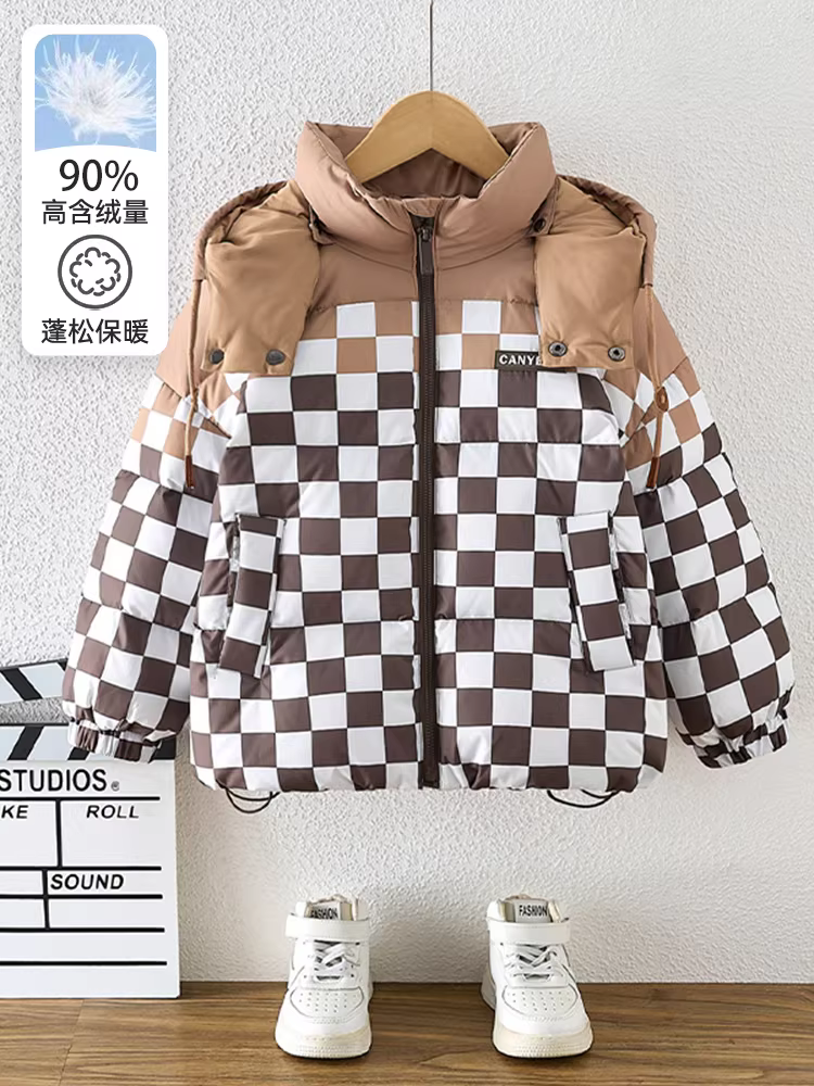 Áo khoác phao dày mùa đông cho bé trai 2025, quần áo mùa đông trẻ em mới, áo khoác có mũ, áo khoác ngắn thời trang cho bé trai, kiểu dáng hợp xu hướng