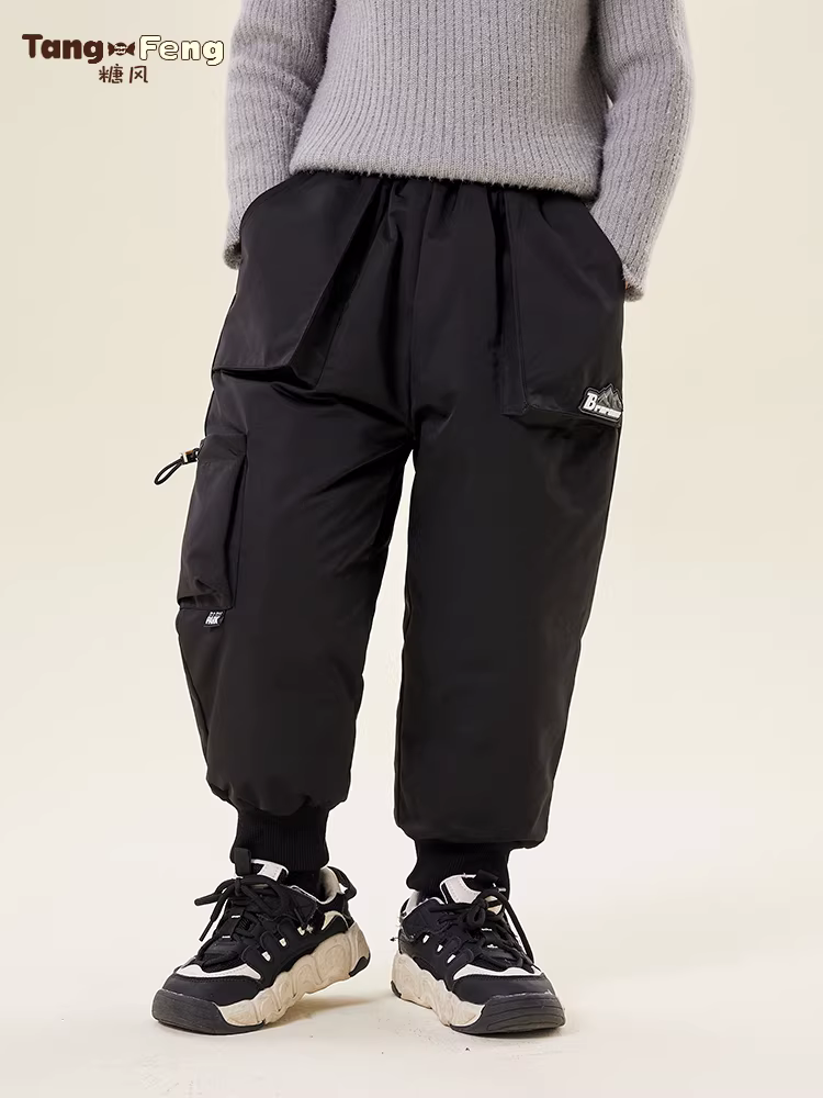 Quần lông vũ trẻ em nam mùa đông 2025, dày dặn, chống thấm ba lớp, quần cargo trẻ em, lưng thun, nhẹ, chất liệu bông lông vũ