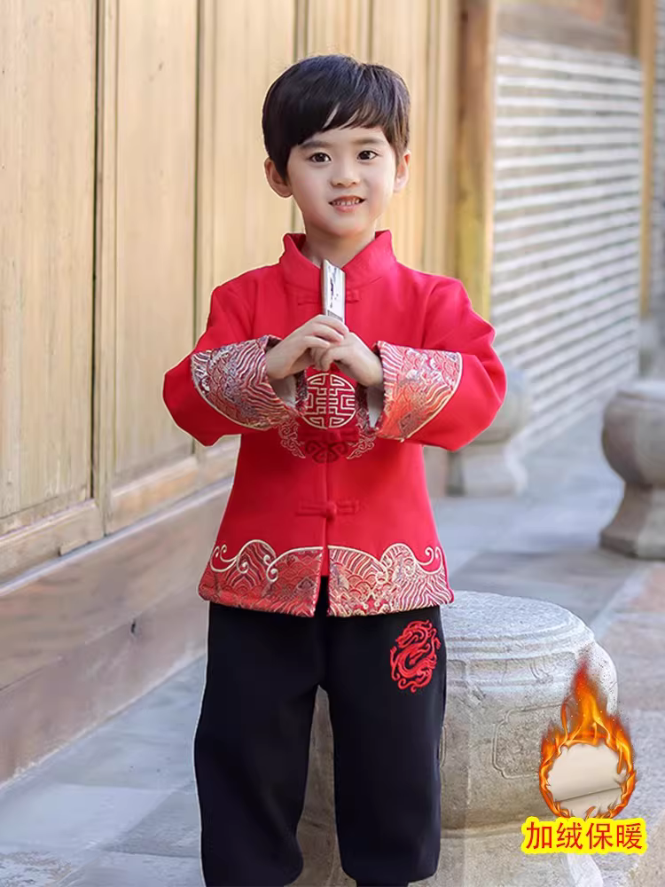 Bộ trang phục Tết cho bé trai mùa đông, bộ đồ Tết hình rồng cho trẻ em, bộ đồ Tang có lót lông cừu, bộ đồ bé sơ sinh 25, màu đỏ Tết, dày dặn, trang trọng