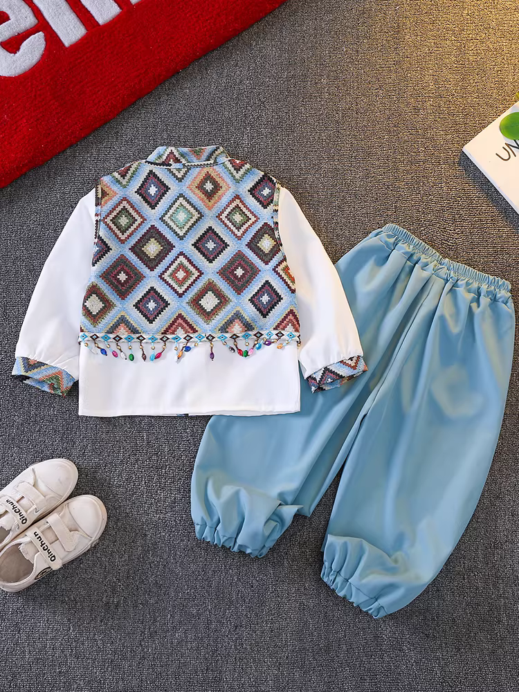 Bộ trang phục Hanfu Xuân Thu cho bé trai 2025, phong cách biểu diễn dân tộc, kiểu mới, phong cách Trung Hoa mới, trang phục truyền thống cho trẻ em