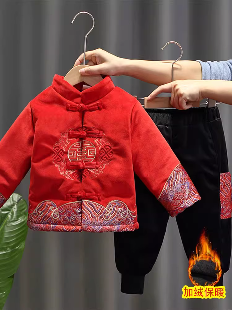 Bộ trang phục Tết cho bé trai mùa đông, bộ đồ Tết hình rồng cho trẻ em, bộ đồ Tang có lót lông cừu, bộ đồ bé sơ sinh 25, màu đỏ Tết, dày dặn, trang trọng