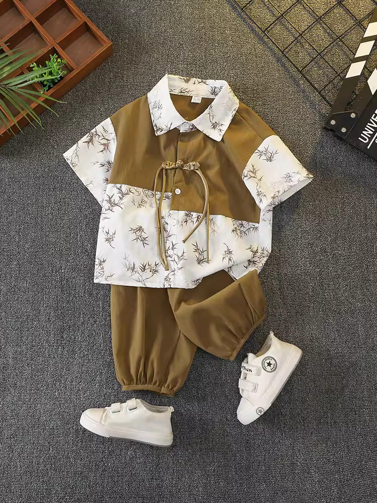Trang phục mùa hè thời trang cho bé trai 2025, áo sơ mi ngắn tay trẻ em kiểu mới, mỏng, phong cách Hanfu Trung Hoa, kiểu Tang phục