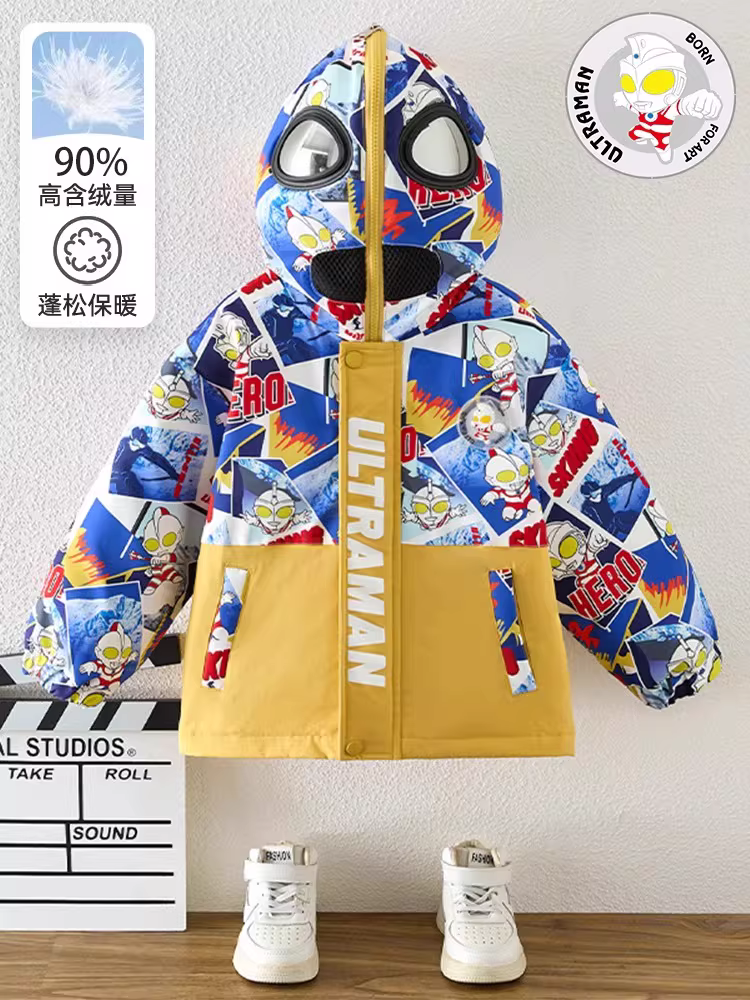 Áo khoác Ultraman Boys' Down Jacket Mùa đông trẻ em Mới 2025 Áo khoác dày Quần áo mùa đông Quần áo trẻ em