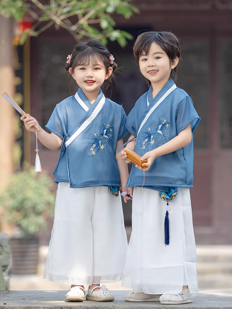 Trang phục biểu diễn ngày thiếu nhi kiểu Trung Hoa Hanfu dành cho bé trai, kiểu dáng truyền thống, mỏng nhẹ, tay ngắn, mùa hè 2025, thời trang, đẹp trai
