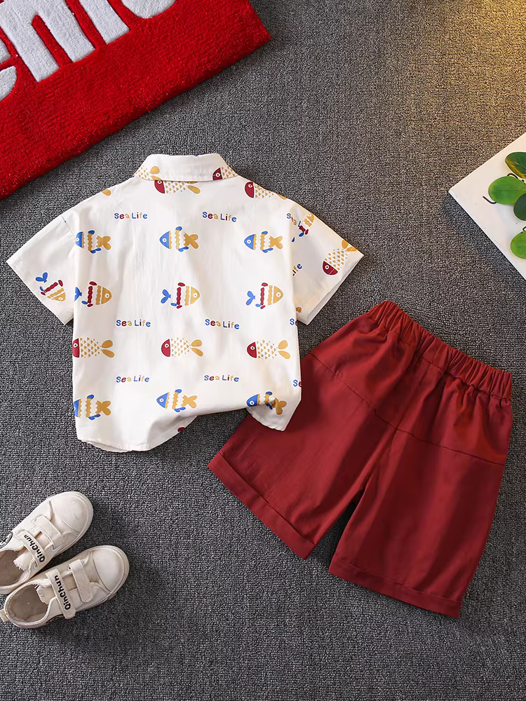 Bộ trang phục mùa hè cho bé trai 2025, quần áo trẻ em mới, kiểu dáng mùa hè ngắn tay, mát mẻ và lịch lãm, bộ áo sơ mi mùa hè cho bé trai hợp thời trang