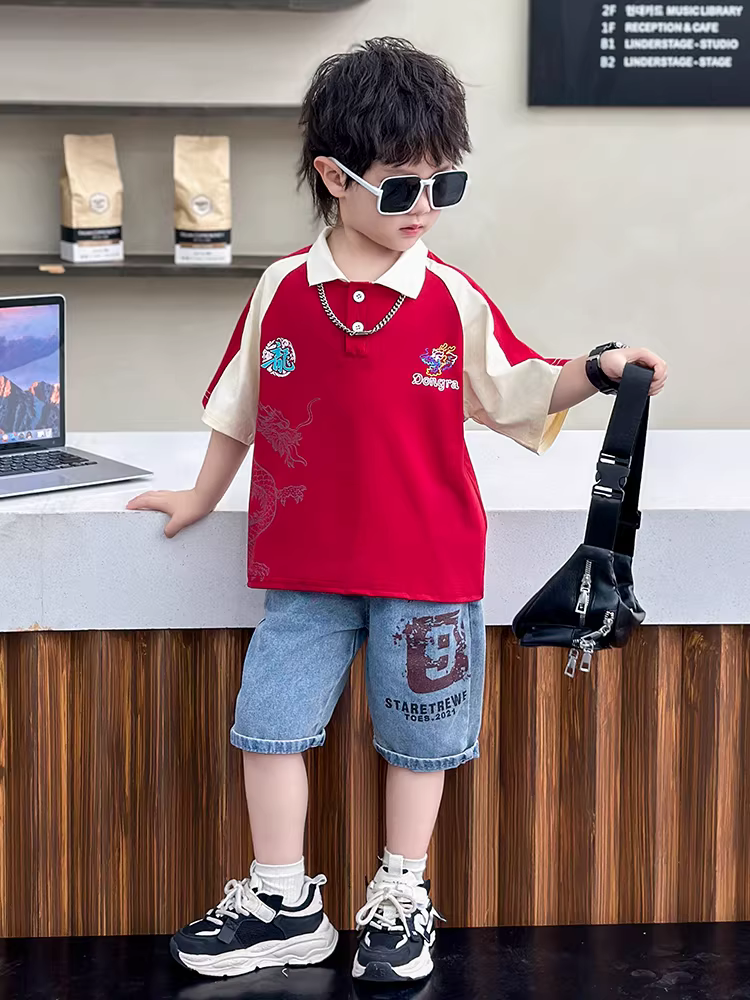 Bộ quần áo polo hè cho bé trai kiểu mới 2025, bộ đồ ngắn tay lịch lãm, bộ hai mảnh mùa hè trẻ em