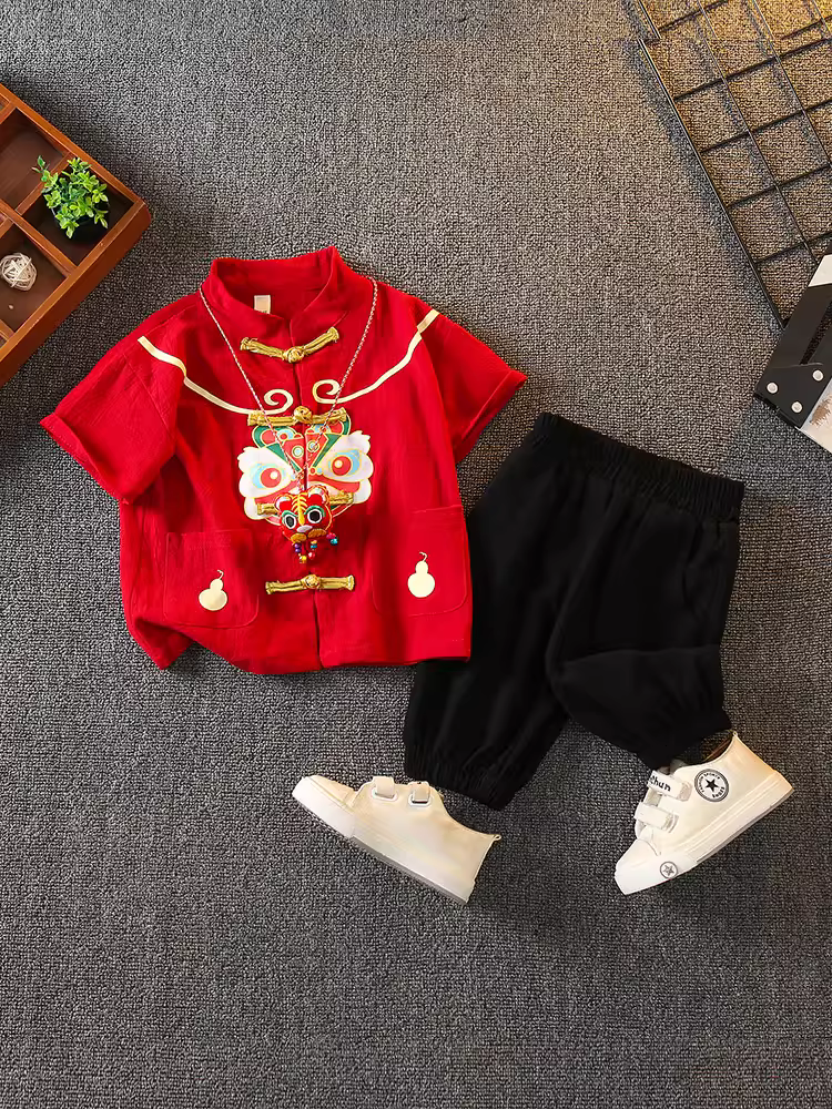 Bộ đồ Hanfu phong cách Trung Hoa dành cho bé trai trang phục mùa hè phong cách dân tộc váy sinh nhật đầu tiên của bé Tang suit tay ngắn bằng vải cotton nguyên chất trang phục cổ xưa