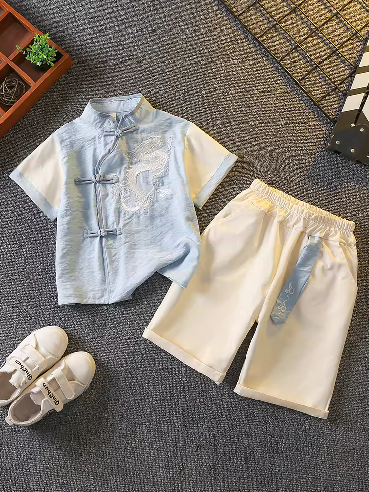 Trang phục mùa hè của bé trai Hanfu Bộ đồ ngắn tay phong cách Trung Hoa Bộ đồ trẻ em phong cách Đường dành cho bé trai mùa hè cao cấp dành cho bé gái phong cách Trung Quốc mới