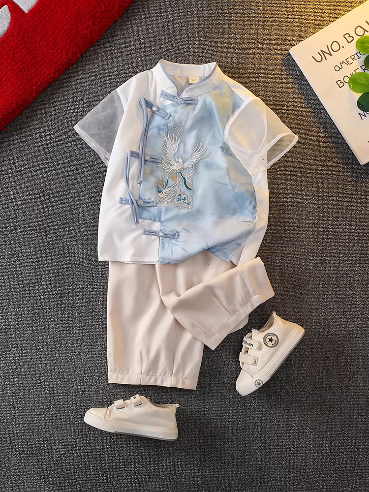 Trang phục kiểu Trung Quốc dành cho bé trai kiểu Trung Quốc Bộ đồ mùa hè mỏng kiểu Trung Quốc dành cho trẻ em Trang phục kiểu Trung Quốc dành cho bé trai, trang phục cổ xưa cao cấp và đẹp trai