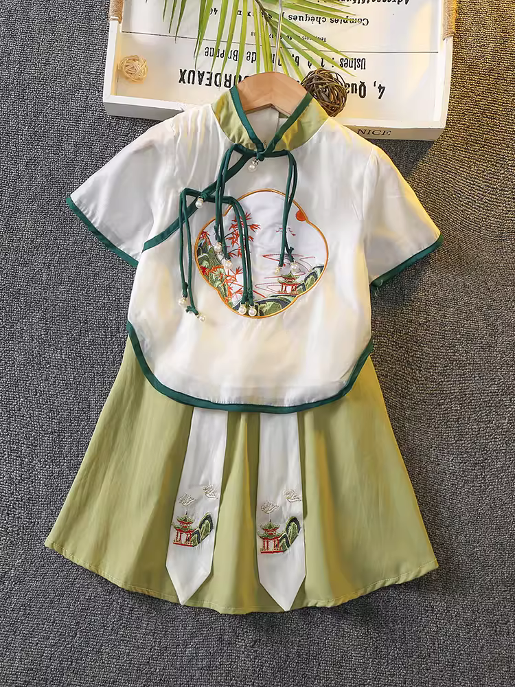 Bộ trang phục Hanfu mùa hè 2025 kiểu mới phong cách dân tộc cho bé trai, trang phục cổ xưa cho trẻ em, phong cách Trung Hoa mới, bộ trang phục biểu diễn cho bé gái