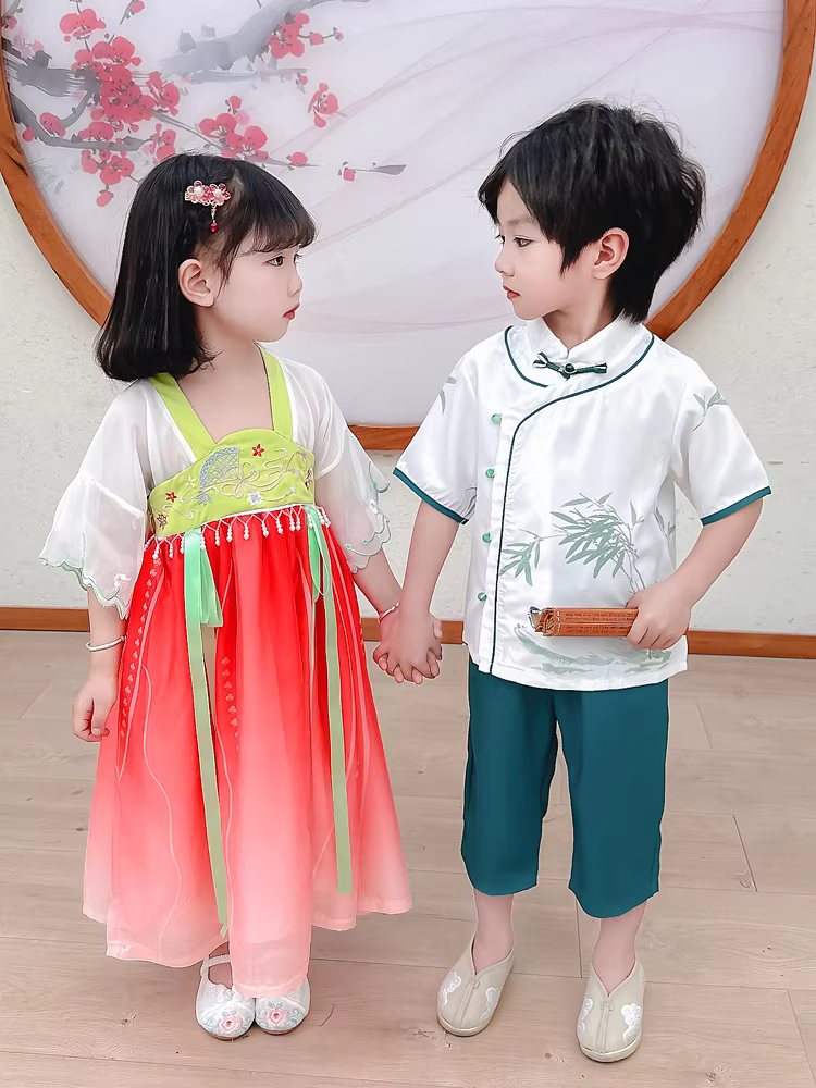 Trang phục truyền thống kiểu Trung Quốc dành cho bé trai, trang phục Tang kiểu Trung Quốc dành cho bé gái, quần áo mùa hè mới cho bé năm 2025, trang phục biểu diễn theo phong cách cổ xưa.
