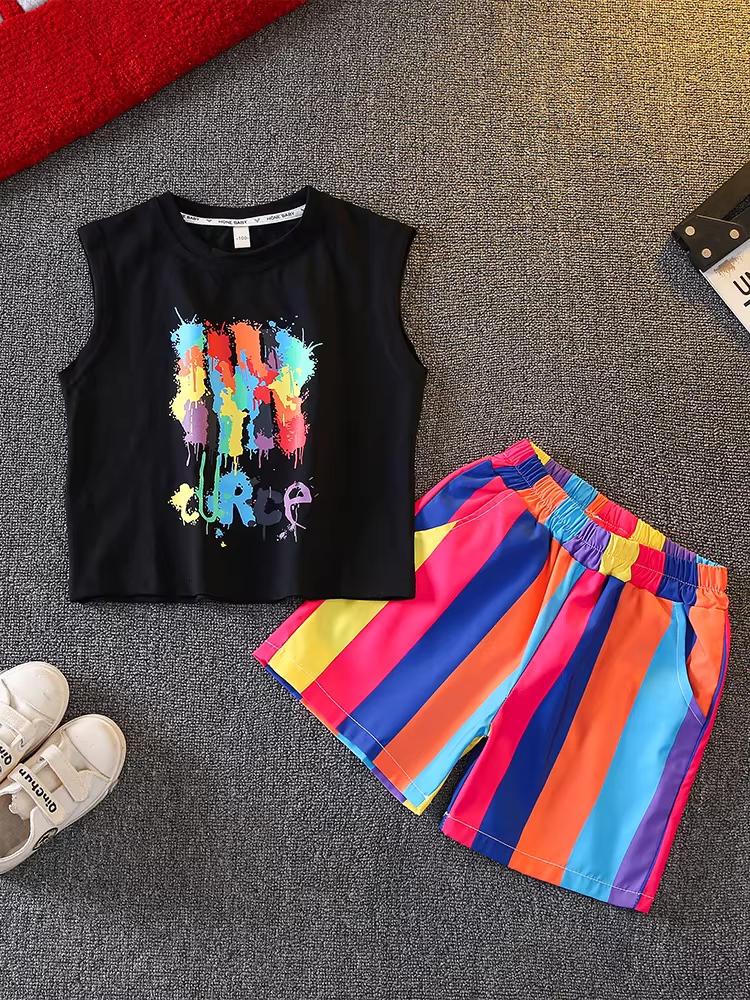 Bộ vest hè cho bé trai 2025, quần áo hè thời trang mới cho bé trai, bộ hai mảnh không tay, quần đùi trẻ em, kiểu dáng hợp xu hướng